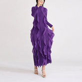 VESTIDO MAXI DE MANGA LARGA MORADO CON VOLANTES