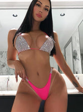 Traje de baño dividido con diamantes de imitación de color sólido