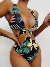 Deep V-neck Metal Strap High Waist Swimsuit
