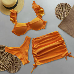 solid color fungus bikini three-piece set