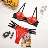 Color Contrast Sheer Embroidery Lace Lingerie Set