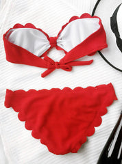 Scalloped Hem Bandeau Red Bikini Set