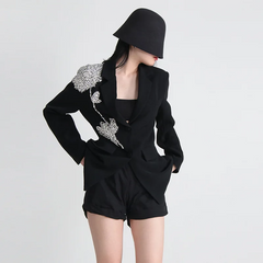 Black Blazerwith Rhinestone Flower