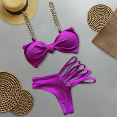 Bikini dividido con lazo de color sólido y cadena