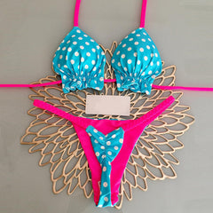 polka dot color block print split strap bikini