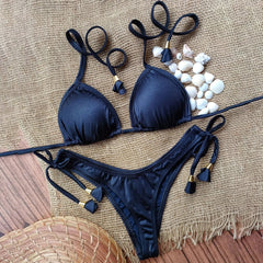 Leisure holiday style solid color strappy bikini