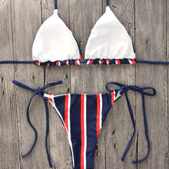 Nautical Striped Slide Triangle String Brazilian Two Piece Bikini Swimsuit