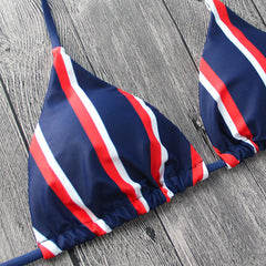 Nautical Striped Slide Triangle String Brazilian Two Piece Bikini Swimsuit