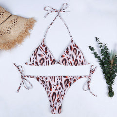 Leopard Tie Side String Slide Triangle Thong Brazilian Two Piece Bikini Swimsuit
