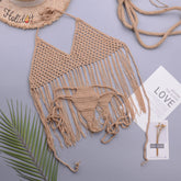 Open Knit Crochet Thong Tassel Halter Brazilian Two Piece Bikini Swimsuit