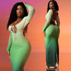 YAYOU GRADIENT COLOR BODYCON MAXI DRESS