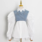 LAYVA WHITE SHIRT with PUFF SLEEVES and CROSS DENIM VEST 2 PIECE SET