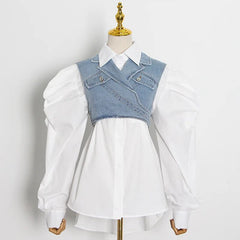 LAYVA WHITE SHIRT with PUFF SLEEVES and CROSS DENIM VEST 2 PIECE SET