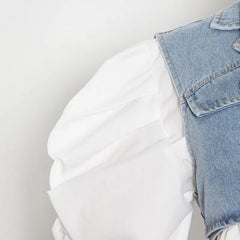 LAYVA WHITE SHIRT with PUFF SLEEVES and CROSS DENIM VEST 2 PIECE SET
