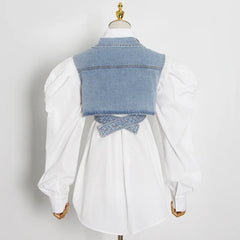 LAYVA WHITE SHIRT with PUFF SLEEVES and CROSS DENIM VEST 2 PIECE SET