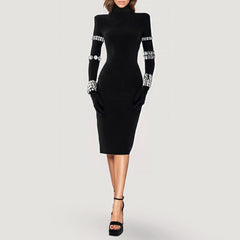 Black HIGH NECK MIDI DRESS with RhinestoneS