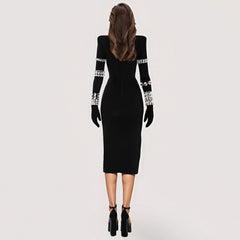 Black HIGH NECK MIDI DRESS with RhinestoneS