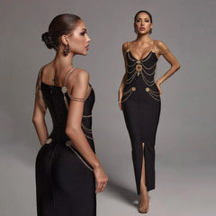 VESTIDO MAXI LILLY con CADENAS DORADAS y ABERTURA DELANTERA