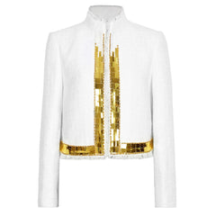 Gold Tone Plate Embellished Raw Hem Mock Neck Open Front Tweed Jacket