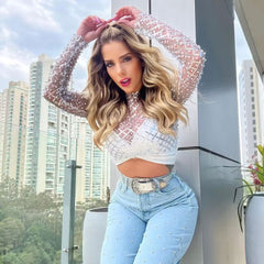 Faux Pearl and Sequin Embellished Long Sleeve Sheer Mesh Crop Top