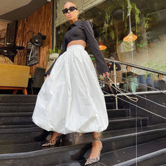 Falda globo midi de cintura alta con pliegues de satén sedoso de color sólido femenino