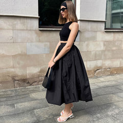 Falda globo midi de cintura alta con pliegues de satén sedoso de color sólido femenino