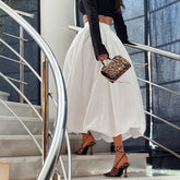 Falda globo midi de cintura alta con pliegues de satén sedoso de color sólido femenino