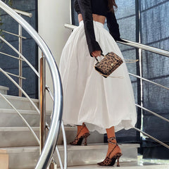 Falda globo midi de cintura alta con pliegues de satén sedoso de color sólido femenino