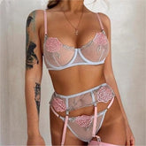 Contrasting Flower Embroidery Three-Point Lingerie Set