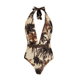 Deep V Halterneck Printed One-Piece Swimsuit Set
