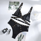 Dessous-Set mit tiefem V-Ausschnitt und Metallringen im Leopardenmuster