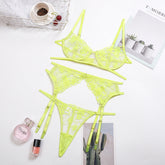 Conjunto de lencería de 3 piezas de encaje transparente
