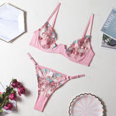 Conjunto de lencería de encaje con bordado floral de malla transparente