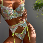 Emerald Small Fresh Mesh Embroidery Lingerie Three-piece Set