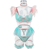 Embroidery Lace Feather Trim Lingerie Set