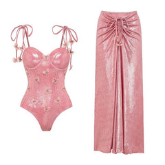 Luminous fabric bow one-piece swimsuit