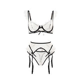 Allover Lace Trim Bow Tie Lingerie Set