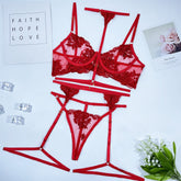 Embroidery Lace Halter Strappy Lingerie Set