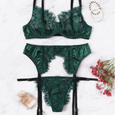Eyelash Lace Embroidery Satin Sheer Lingerie Set