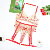 Corrugated Embroidered Sheer Mesh Satin Lingerie Set