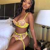 Yellow Embroidered Flower Lingerie Three-Piece Set