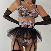 Mesh Contrast Color Embroidery Perspective Puff Skirt Lingerie Set