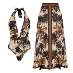 Deep V Halterneck Printed One-Piece Swimsuit Set