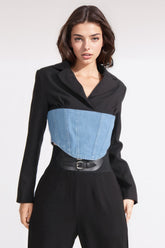 Cropped Blazerwith Denim Corset at Waist - Black