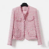 Chaqueta de tweed grueso rosa para mujer - Otoño/Invierno - Diseño de borlas de estilo socialité