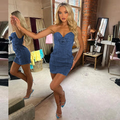 DENIM SLEEVELESS MINI DRESS with Flower DETAIL