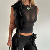 KATE Mesh Rüschen Blumenverziertes Top