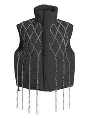 Chaleco DEAT para mujer, holgado, de cuello alto, de una sola botonadura, sin mangas, a cuadros, con borlas de diamantes, invierno 2023, 1DF2572