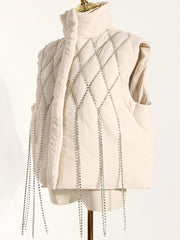 Chaleco DEAT para mujer, holgado, de cuello alto, de una sola botonadura, sin mangas, a cuadros, con borlas de diamantes, invierno 2023, 1DF2572