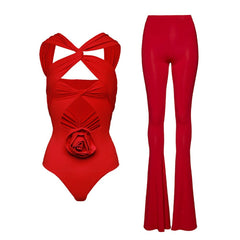 HANNA RED Body und Schlaghose mit Rosenschleife, 2-teiliges Set